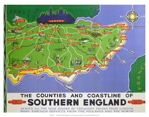 Counties And Coastline Of Southern England Map British Railways Art
