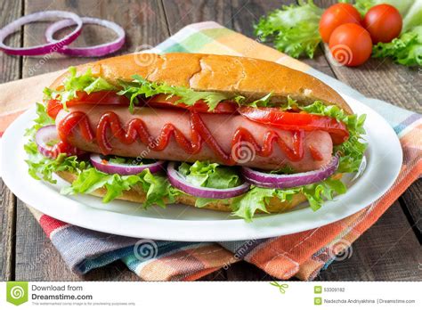 Hot Dog With Lettuce Tomato And Onion Stock Photo Image Of Onion