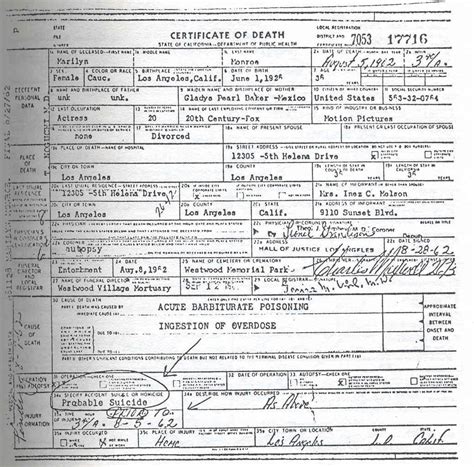 Her body was discovered before dawn on sunday, august 5. Death certificate