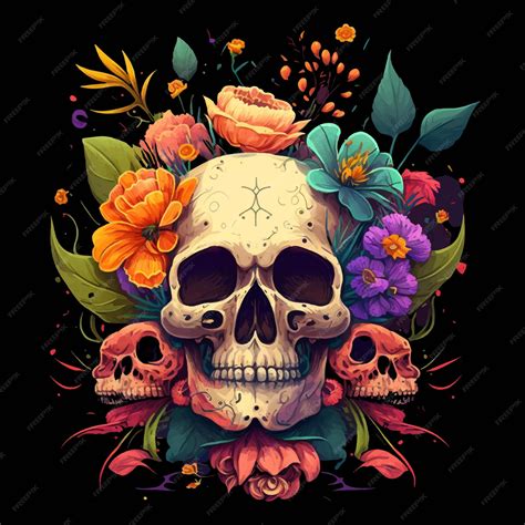 Premium Vector Skull And Flowers Vector Art Illustration And Graphic