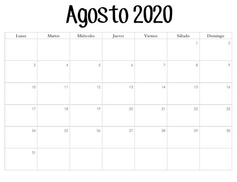 Calendario De Plantillas De Word De Agosto De 2020 Pdf