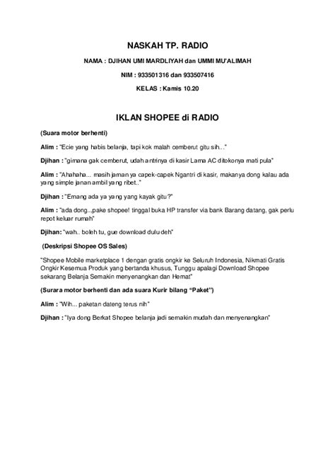 (DOC) Contoh Naskah IKLAN SHOPEE di RADIO | Djihan Mardliyah - Academia.edu