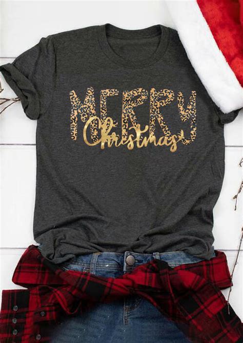 Leopard Printed Merry Christmas T Shirt Tee Burgundy Fairyseason