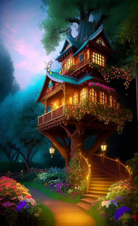 Glowing Fantasy Treehouse With Beautiful Flowers Digital Art Trees