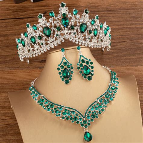 Diezi Baroque Green Crystal Jewelry Sets Elegant Luxury Wedding Crown