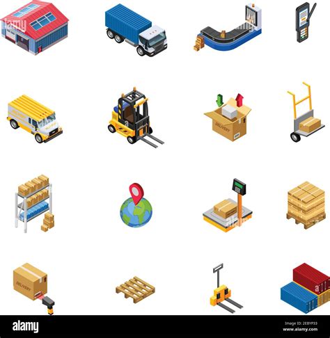 Warehouse Isometric Icons Set With Delivery Transport And Related