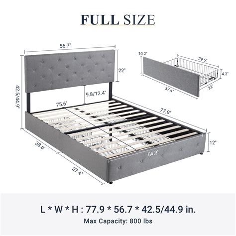 Allewie Light Grey Full Platform Bed Frame With 4 Drawers Storage And