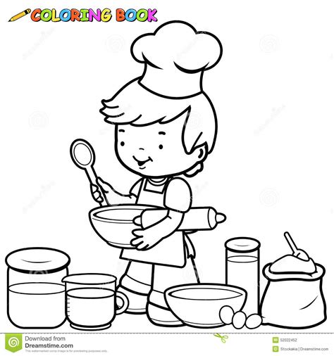 Female chef cartoon character made in 100 colorful poses. Boy cooking coloring page stock vector. Illustration of utensils - 52022452