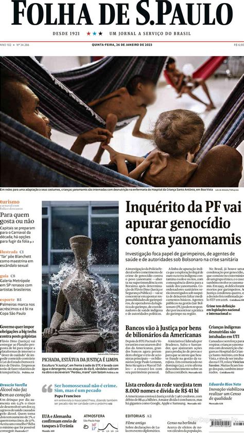 Capa Folha De Spaulo Edição Quinta26 De Janeiro De 2023