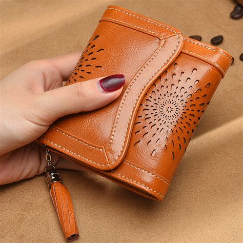 Female Small Purse Hollow Sunflowers Genuine Leather Women Wallets