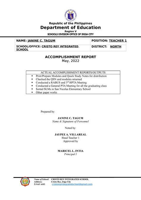 Accomplishment Report Template Republic Of The Philippines Department