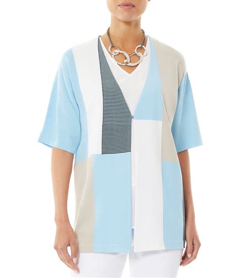 Ming Wang Cardy Colorblock Soft Knit Open Neck Elbow Length Sleeve