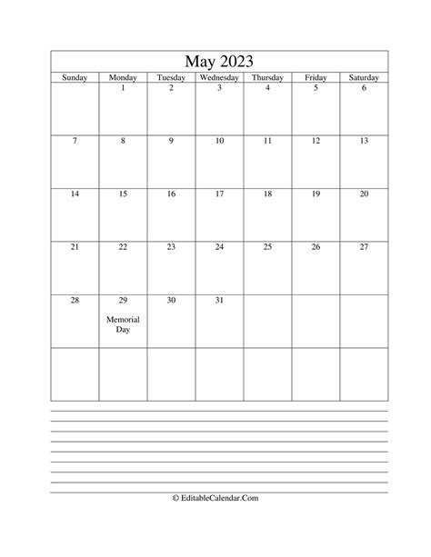 Download 2023 Calendar May With Holidays And Notes Portrait Word Version