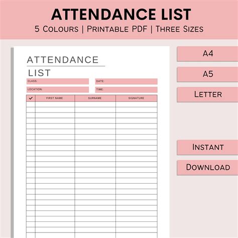 Attendance List Printable Sign In Sheet School Sign Off Etsy Uk