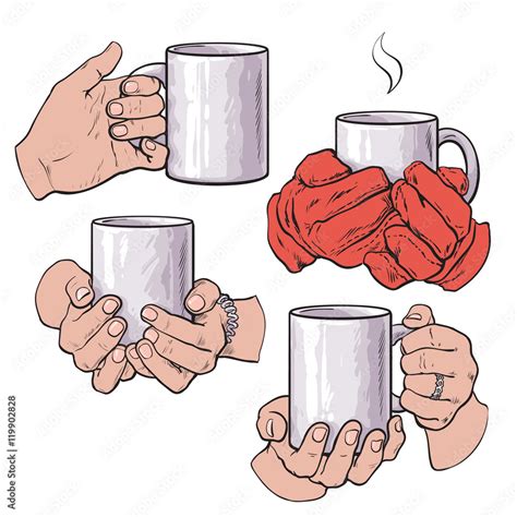 Set Of Well Groomed Female Hands Holding A Cup With Tea Or Coffee Sketch Style Vector