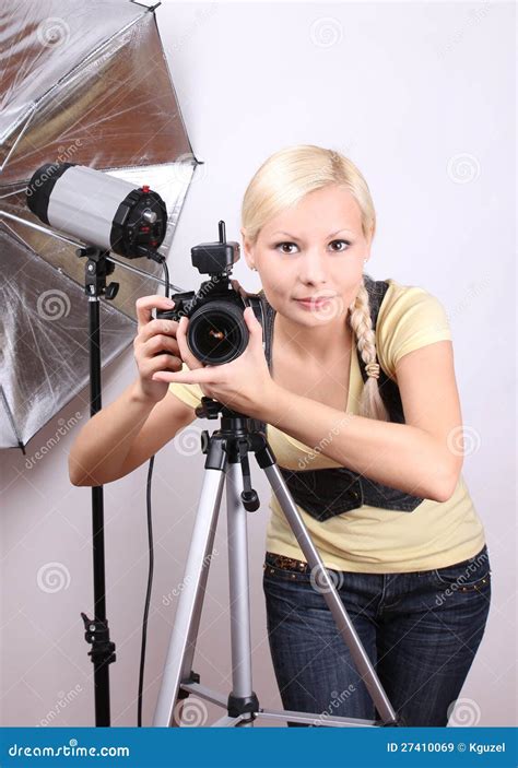 Photographer Young Beautiful Girl With Camera Stock Image Image