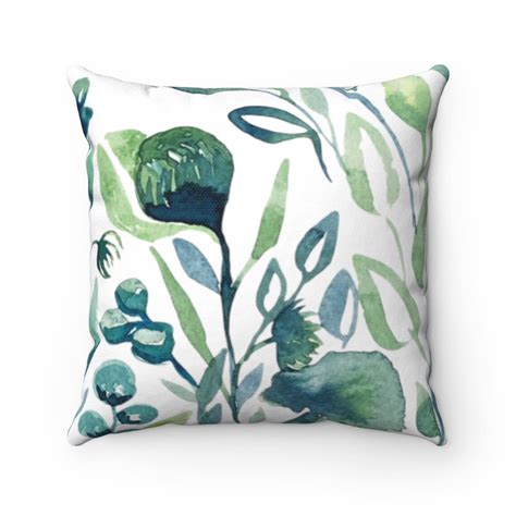 Blue Green Flowers Throw Pillow Cover Botanical Floral Etsy