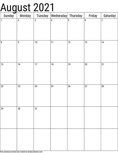 2021 August Calendars Handy Calendars