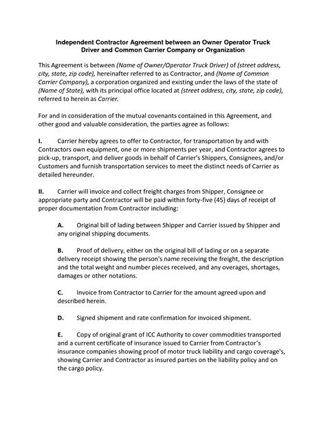 Truck Driver Contract Agreement Free Printable Documents Contract
