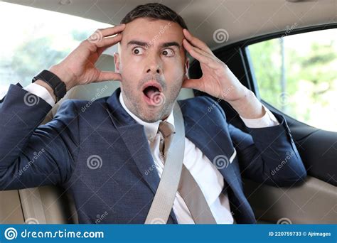 horrified businessman stressed out in backseat stock image image of late emotions 220759733