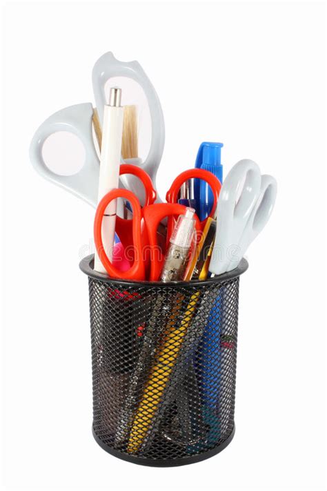 Pencil Cup Filled With Colorful Pens And Scissors Stock Photo Image