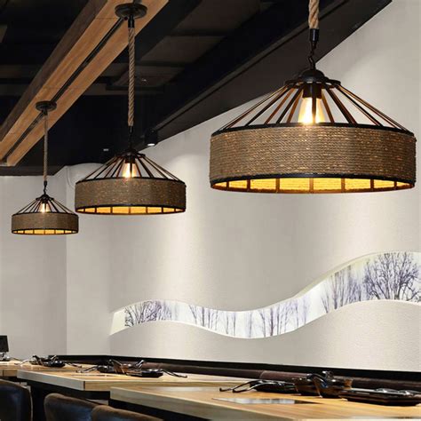 Brown Barn Shaped Pendant Light Country Style Rope 1 Light Bistro