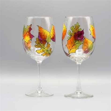Fall Leaves Wine Glasses Set Of Two Hand Painted Personalized Ts