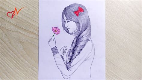 How To Draw A Beautiful Girl Holding Flower Easy Drawing For