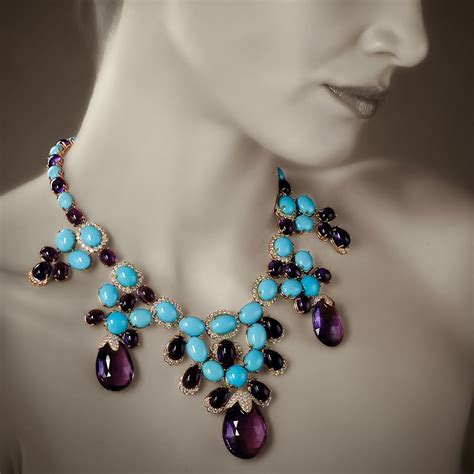 Luxury Turquoise Amethyst And Diamonds Necklace LAURA Fine Jewellery