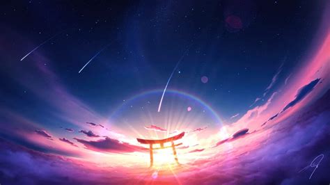 82935 Sky Gate Sunset Clouds Scenery Anime 4k Wallpaper
