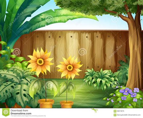Scene With Sunflowers In Garden Stock Vector Illustration Of Lawn
