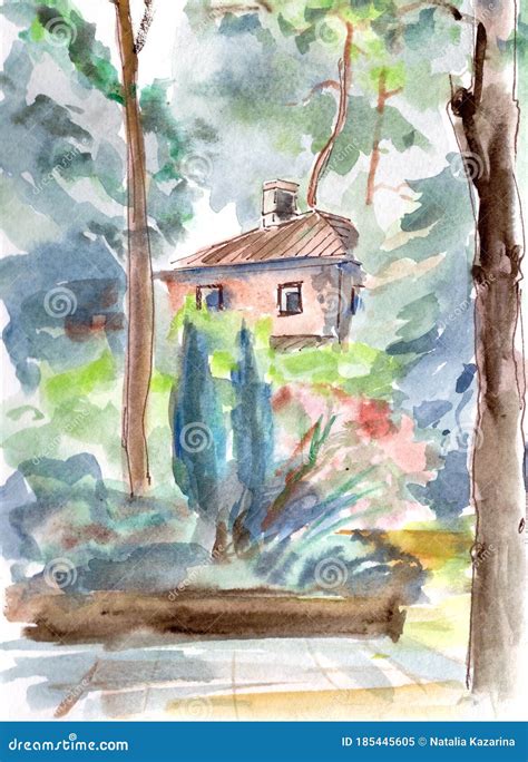 Watercolor Travel Sketch Wooden Village House Among Greenery Latvia