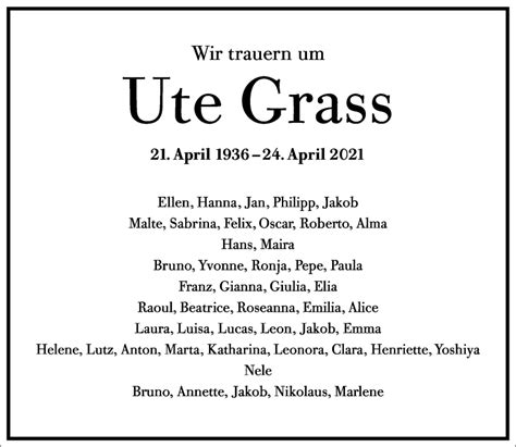 Traueranzeigen Von Ute Grass Frankfurter Allgemeine Lebenswege