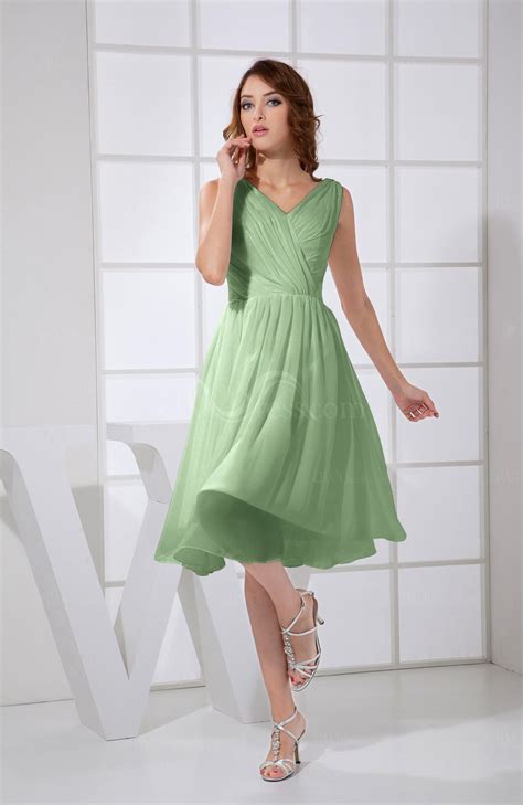 Sage Green Plain A Line V Neck Sleeveless Knee Length Prom Dresses