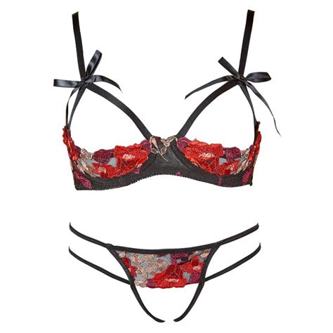 Womens Sexy Lingerie Open Bra Crotchless Rose Lace Embroidery Bra With Panties Suit Underwear