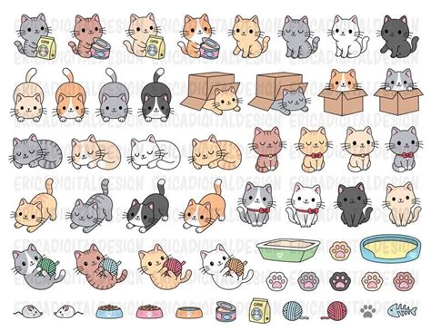 Cats Clipart Cute Cat Clip Art Kawaii Kittens Kitty Icons Pet Etsy