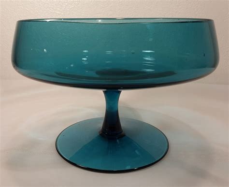 Vintage Blue Centerpiece Compote Pedestal Glass Bowl Art Deco Pedestalbowl Pedestalbowl