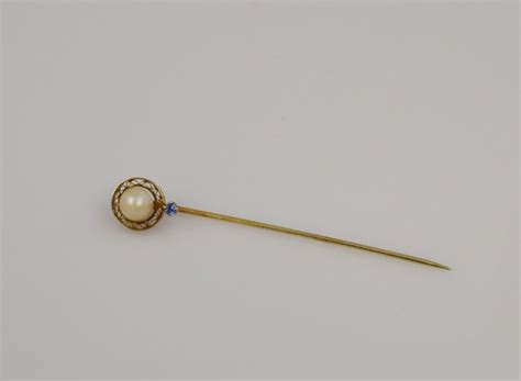 Antique Marked 14k Yellow Gold Stick Pin Pearl And Sapphire By