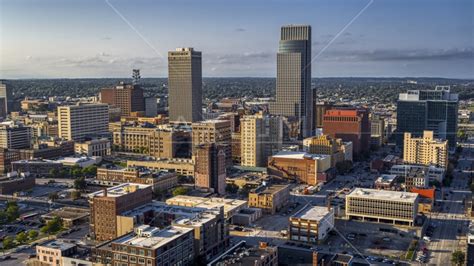 The Citys Skyline In Downtown Omaha Nebraska Aerial Stock Photo