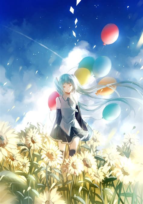 Vocaloid Hatsune Miku Long Hair Twintails Balloons Flowers Thigh