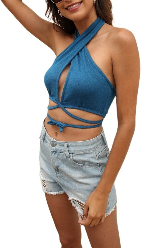 Amazon Com Women Criss Cross Sexy Camisole Halter Neck Y K Cutout Crop Top Solid Color Backless