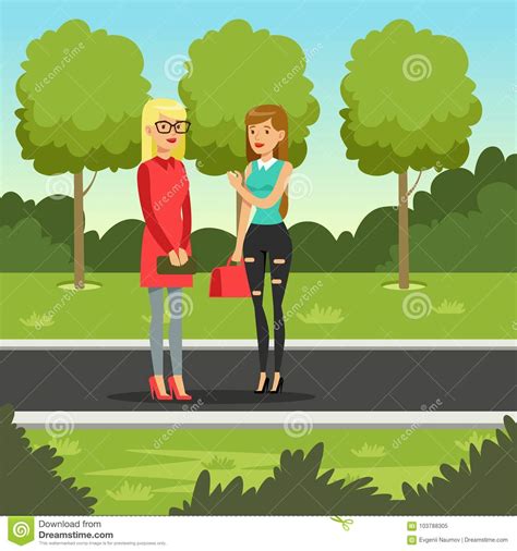 Two Female Friends Talking Walking Park Friendship Concept Vector