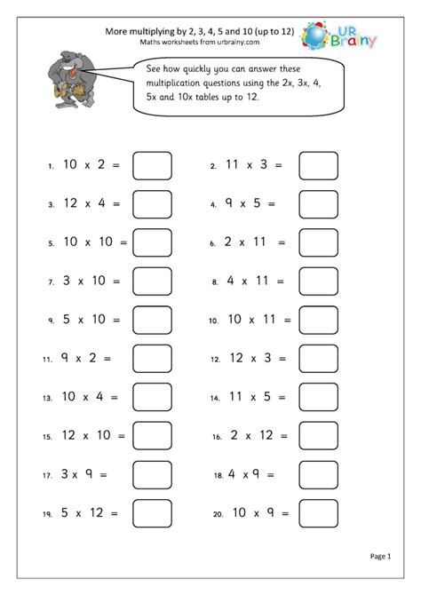 Free interactive exercises to practice online or download as pdf to print. More multiplying by 2,3,4,5 and 10 (up to 12 ...
