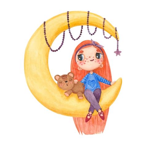 Premium Vector Illustration With A Girl Sitting On The Moon And A Bear