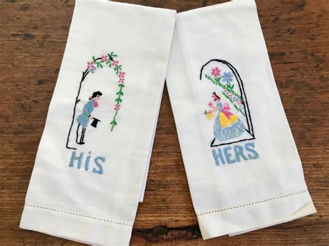 Vintage His And Hers Hand Embroidered Towels Unique Wedding Etsy