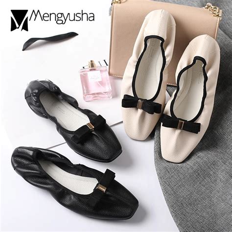 Soft Leather Slip On Ballet Flats Women Foldable Shoes Bowknot Square Toe Roll Up Flat Loafers