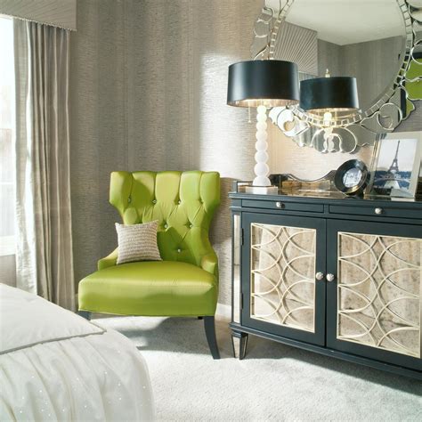 Corner Lime Green Accent Chair Next To Luxury Cabinet With Table Lamp And Round Mirror 