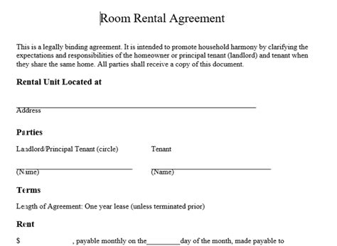 Room Rental Agreement Editable Rental Agreement Simple Lease Contract
