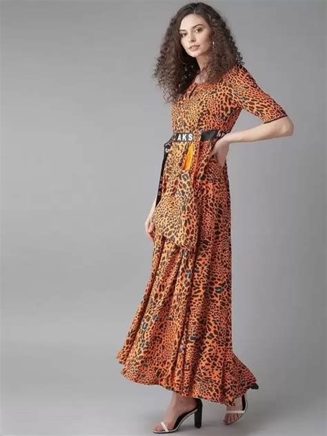 Aks Women Orange And Black Animal Printed Maxi Dress Western Dress