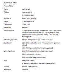 34 deutschlektionen, deutsche grammatik, sprichwörter, zitate und 2 online tests. Lebenslauf auf Englisch: curriculum vitae with example
